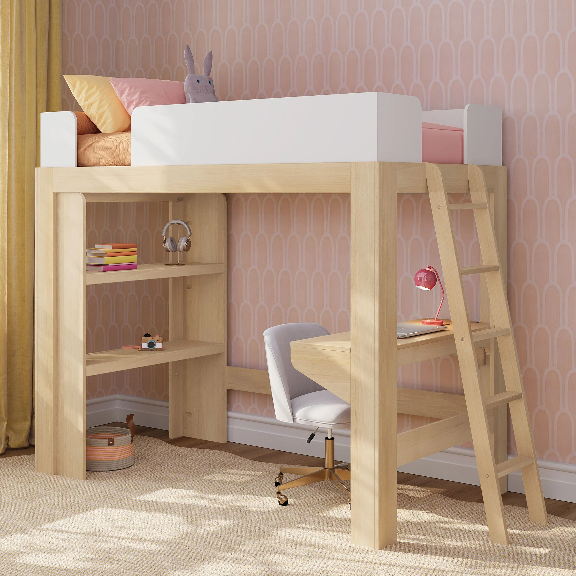 Mid-Century Modern Twin Loft Bed With Bookcase & Desk - Image 3