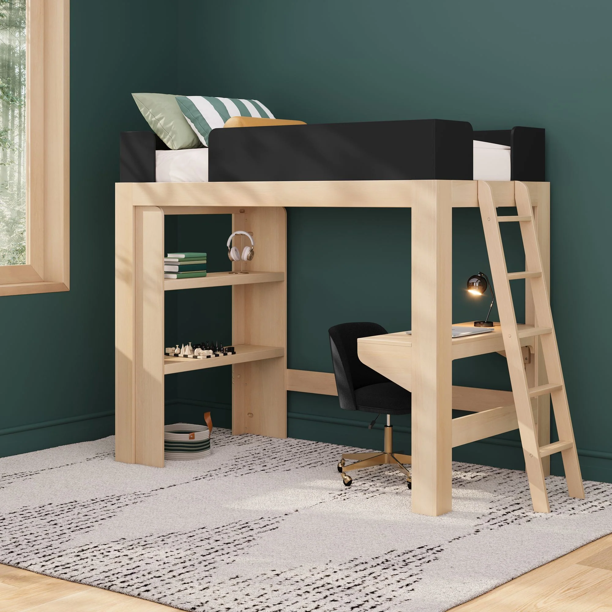 Mid-Century Modern Twin Loft Bed With Bookcase & Desk - Image 4