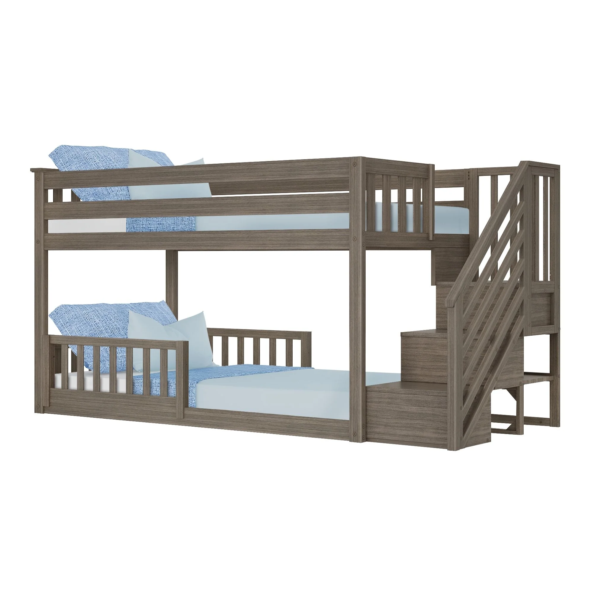 Twin Over Twin Low Bunk Bed With Stairs & Guardrails - Image 35