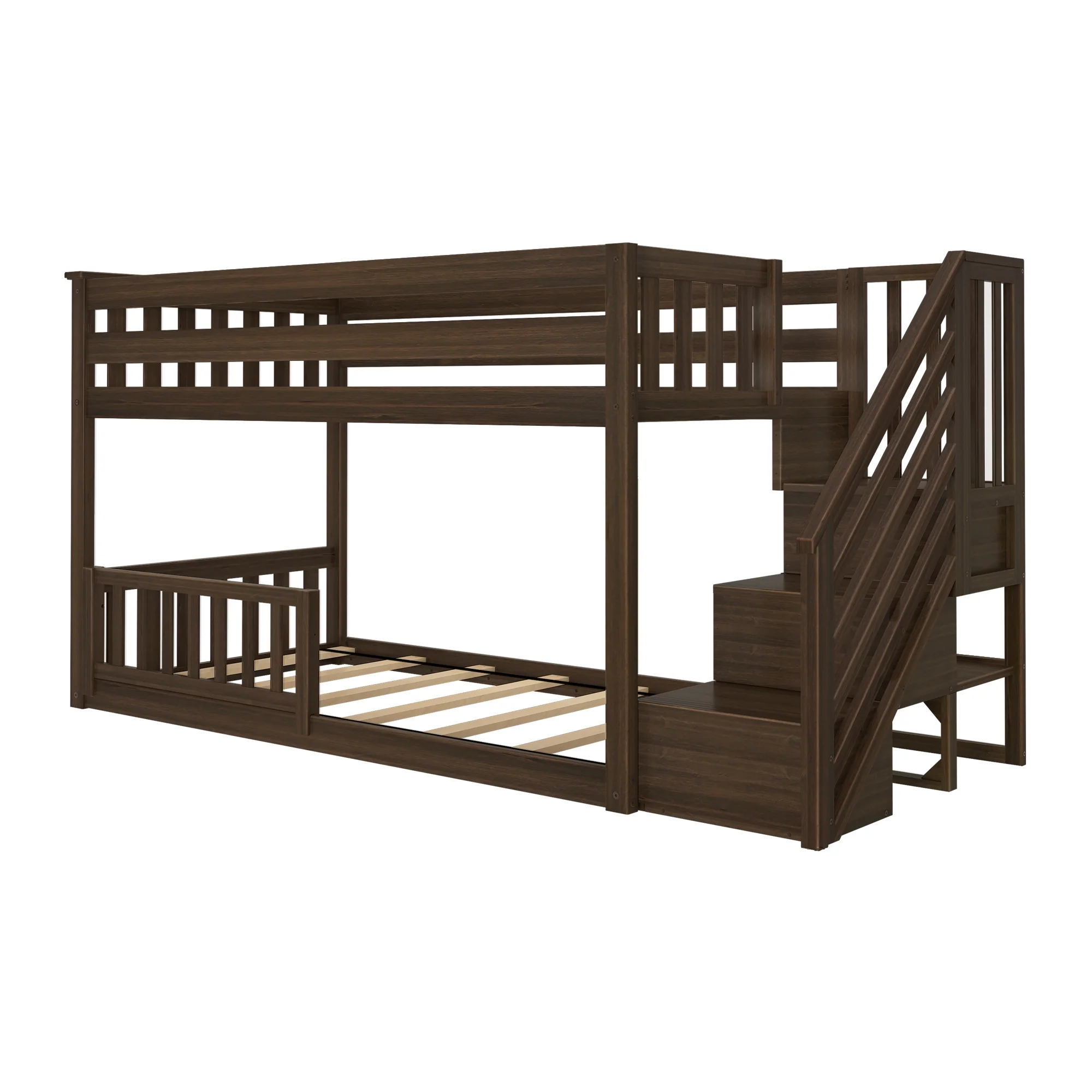 Twin Over Twin Low Bunk Bed With Stairs & Guardrails - Image 40