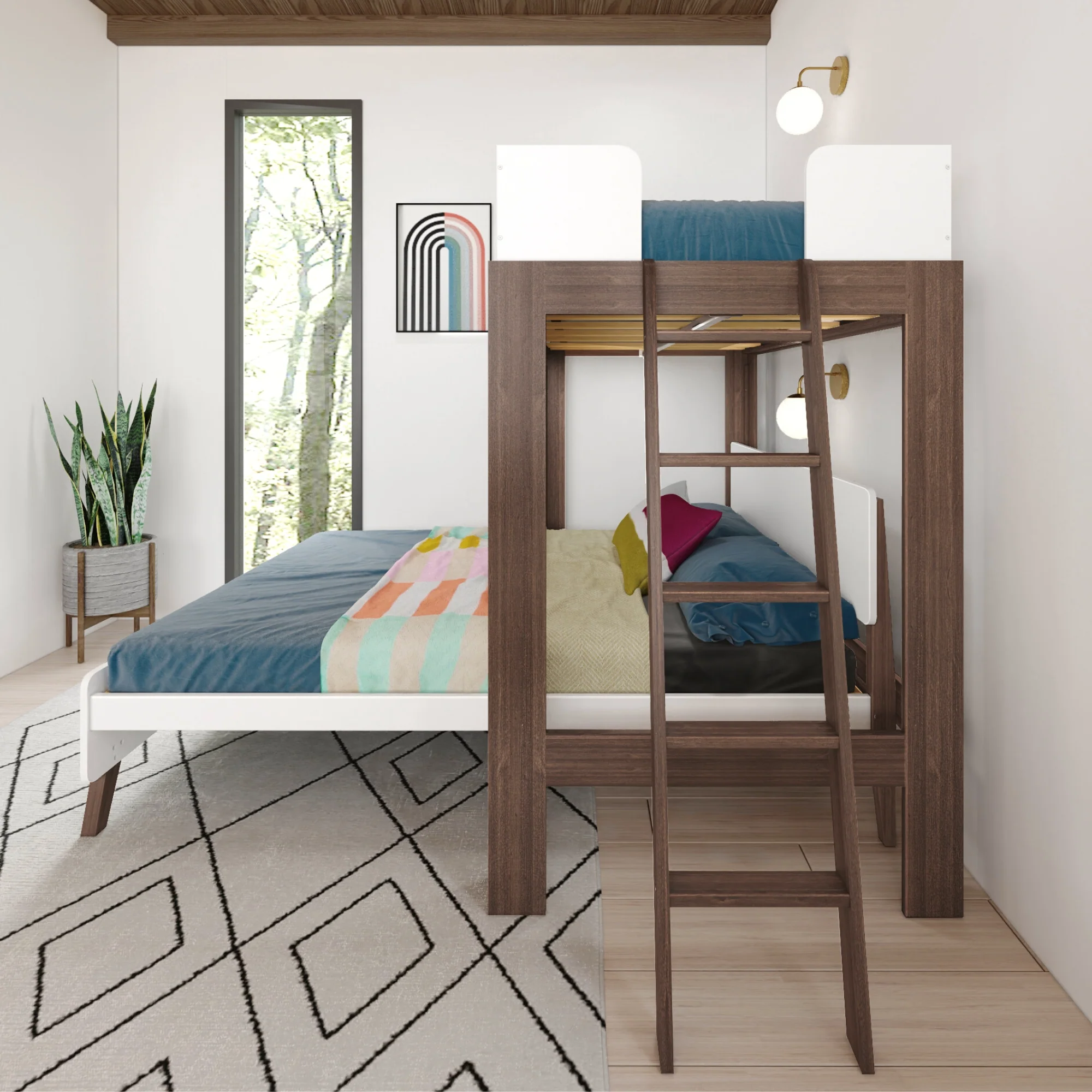 Mid-Century Modern Twin Over Queen L-Shaped Bunk Bed - Image 26