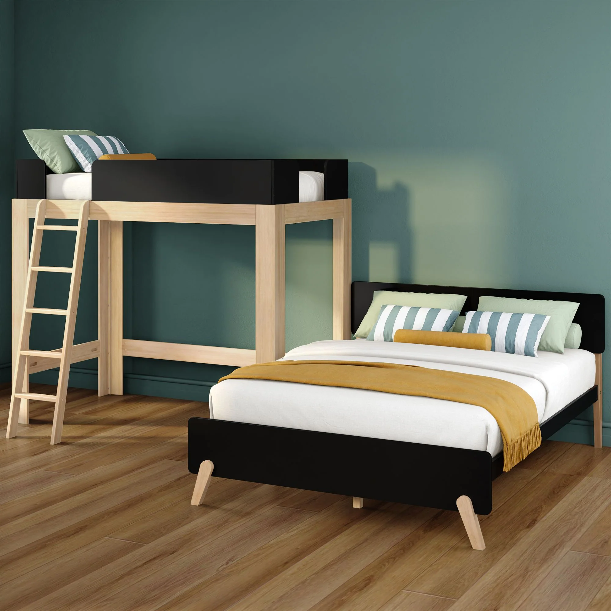 Mid-Century Modern Twin Over Queen L-Shaped Bunk Bed - Image 28