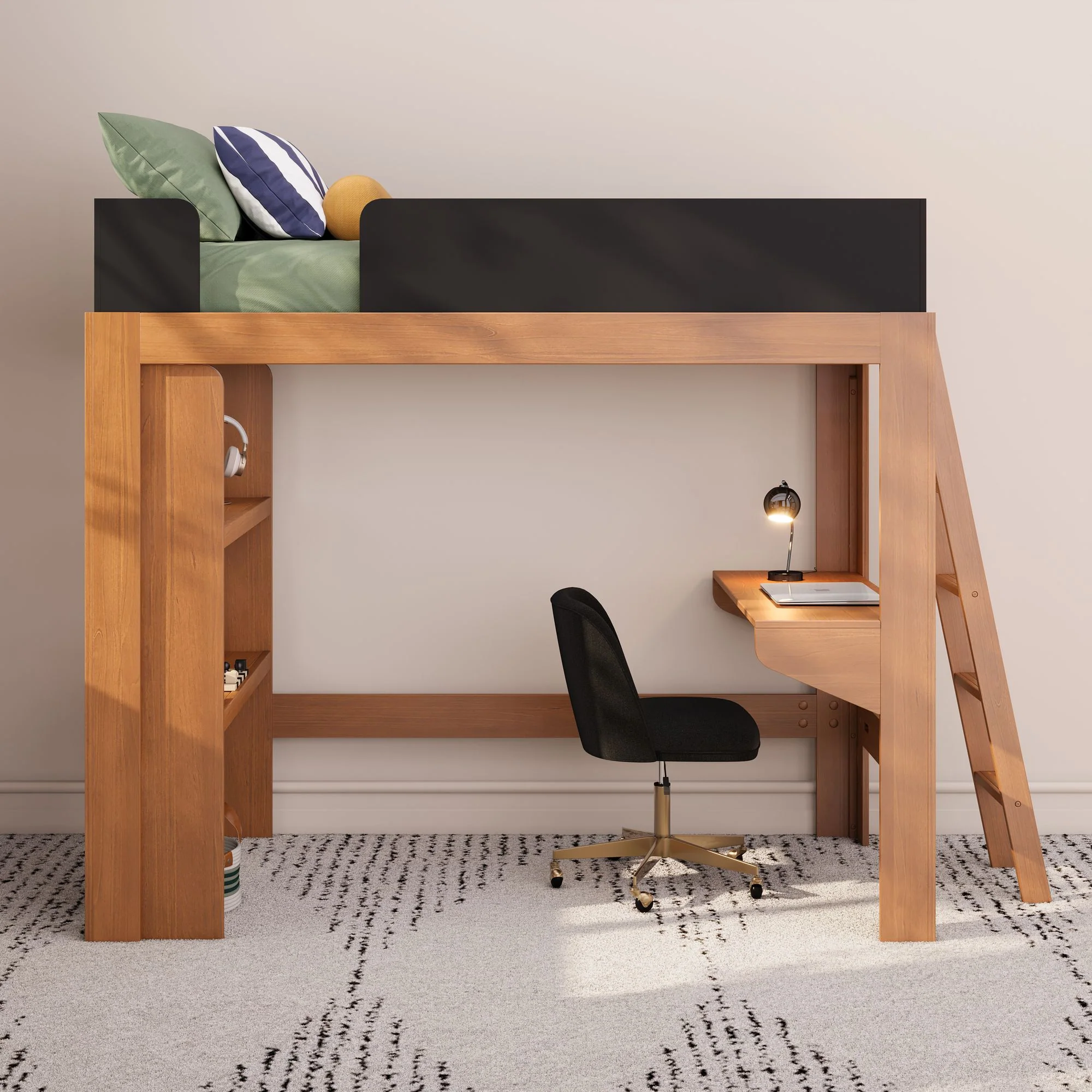 Mid-Century Modern Twin Loft Bed With Bookcase & Desk - Image 5